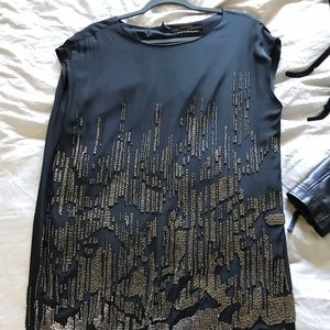 All Saints Black Silk Dress w/ Silver/Gold Beading